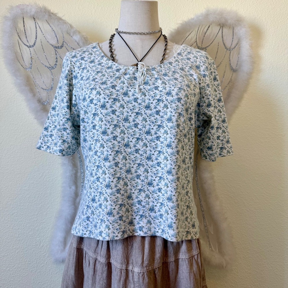 90s Girly Grunge Blue Floral Cotton Short Sleeve TShirt Top Baby Tee Cottagecore